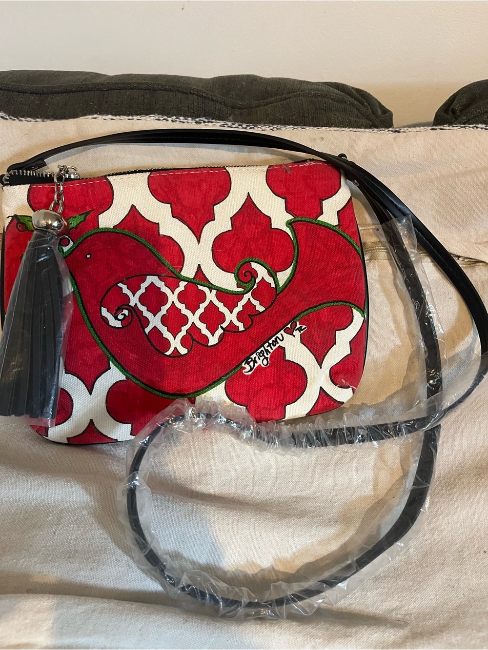 Brighton Red and White Bird Motif Crossbody with Tassel